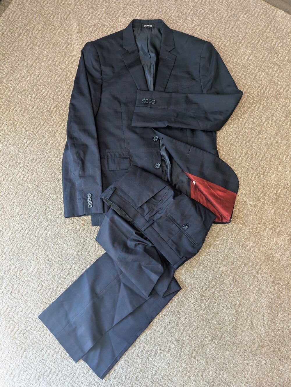 Express Men’s Dark Navy Two-Piece Suit with Red Lining